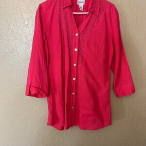 Chico's Linen Button Up Medium Hot Pink Beading